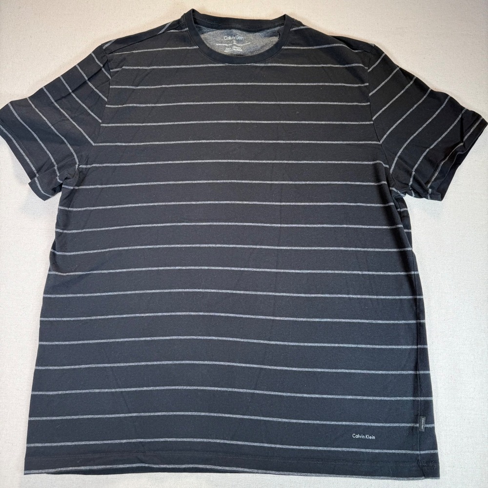 Calvin Klein Mens Pima Cotton Striped T-Shirt Black Grey Short Sleeve Large